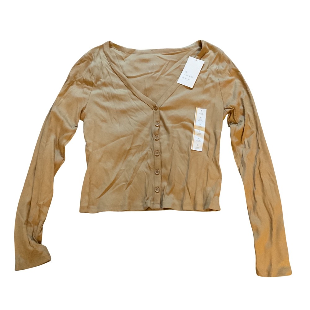 A New Day Womens Ribbed V-Neck Button Front Cardigan Tan Camel Small NWT